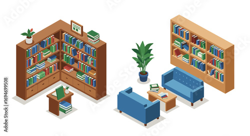 Cozy isometric room with bookshelves and modern furniture