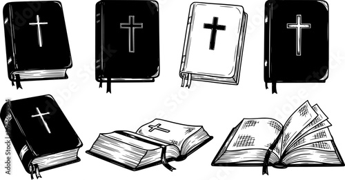 Set of Holy Bible silhouette, religious book icon collection, Christian faith vector illustration