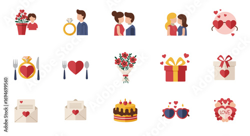 Charming love and romance icons for valentine's day and weddings