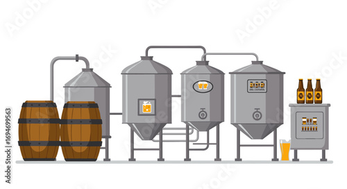 Modern craft brewery equipment with barrels and bottles on white background