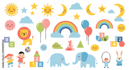 Cute flat design kids education play learning elements collection animals blocks characters smiles sun rainbow