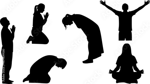 Set of silhouette of person worshiping God, praying man and woman, Christian faith vector illustration