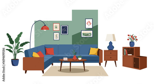 Cozy modern living room interior with stylish furniture and decor elements in flat design