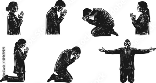 Set of silhouette of person worshiping God, praying man and woman, Christian faith vector illustration