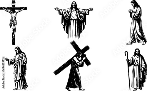 Set of Jesus Christ silhouette vector collection, religious cross, faith and Christian symbols illustration