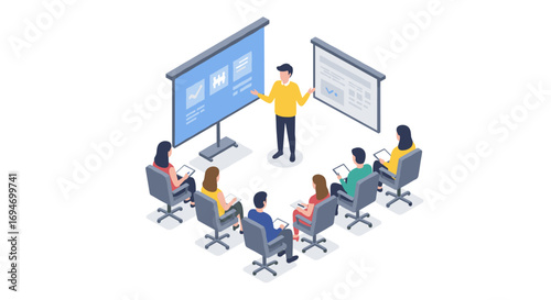 Isometric business presentation meeting with team in conference room