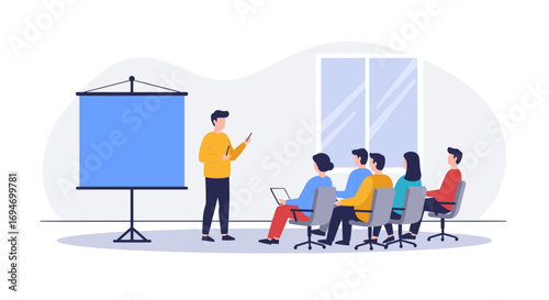 Team training seminar in modern office setting with presenter and audience