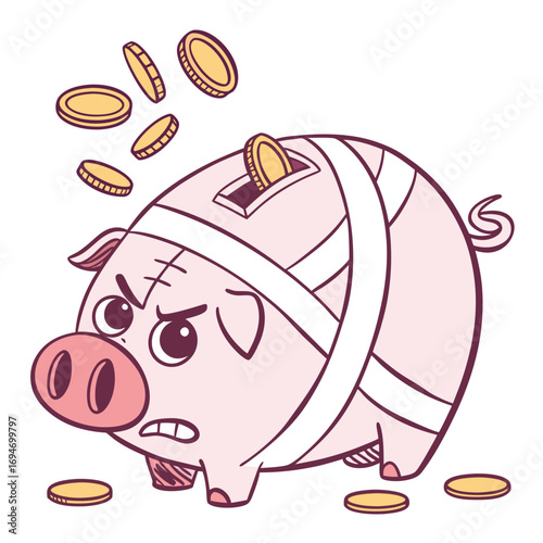 A distressed cartoon piggy bank with bandages and coins falling into its slot symbolizing financial hardship