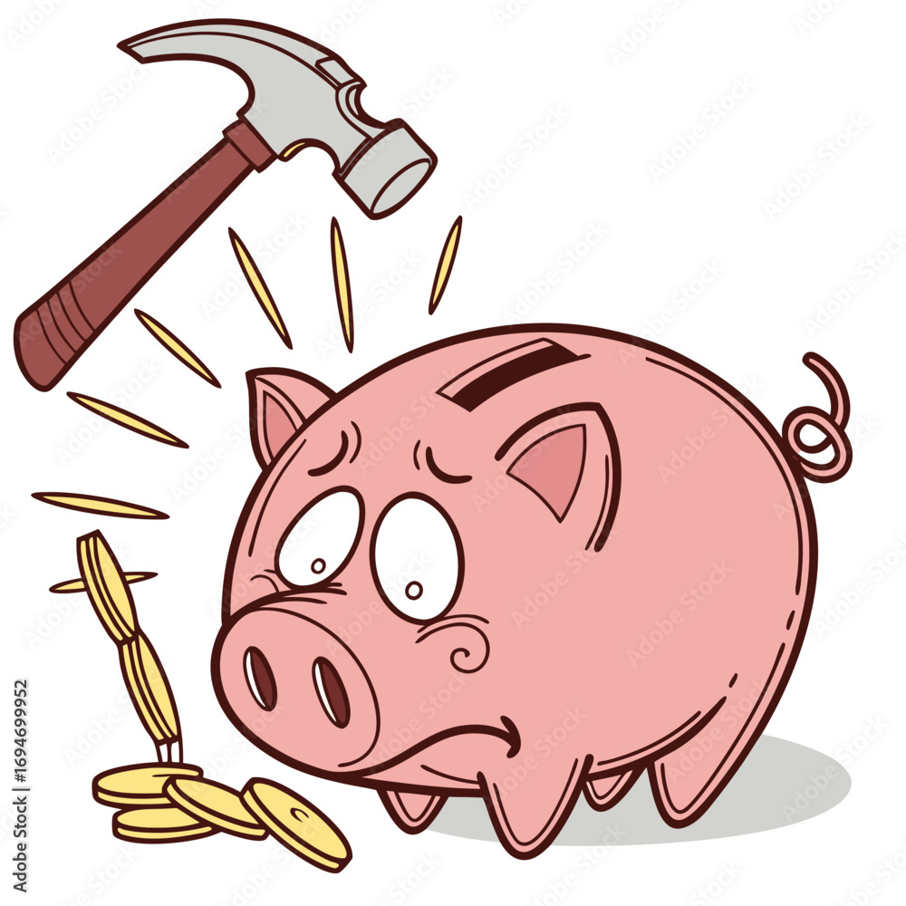 Cartoon piggy bank with a worried expression is about to be smashed by a hammer with coins flying out