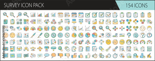 Survey icon set collection for data analysis - Pack of 154 colorful survey icons including checklists, graphs, charts, ratings, feedback, and statistics for business, apps, and presentations.