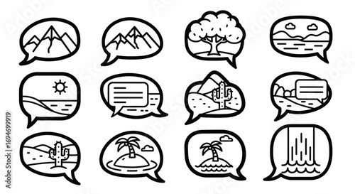 Minimalist Nature Icons Set in Speech Bubbles Mountains, Trees, Deserts, Islands, Waterfalls