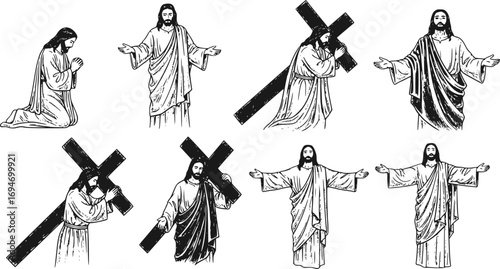 Set of Jesus Christ silhouette vector collection, religious cross, faith and Christian symbols illustration