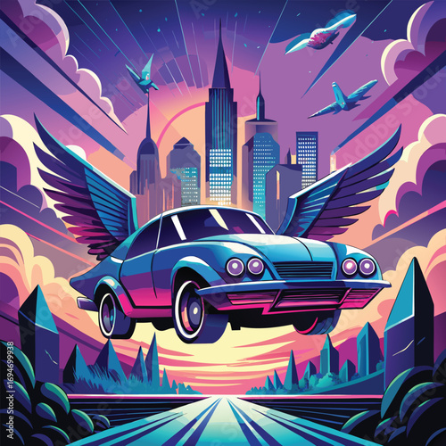 Futuristic winged car soaring through a vibrant cityscape at sunset with flying vehicles