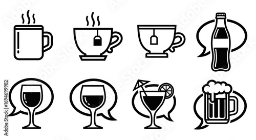 Beverage Icon Set Coffee, Tea, Wine, Cocktails, and Beer Communication Bubbles for Digital Design