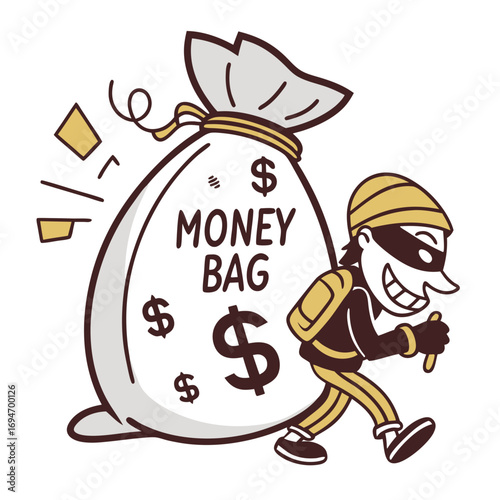 Cartoon thief wearing a mask and striped clothes stealing a large money bag full of dollars