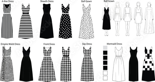 Assortment of dress designs showcasing various styles and patterns in black and white color scheme