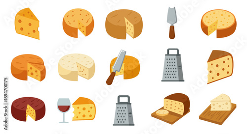 Variety of cheese and kitchen utensils in flat style