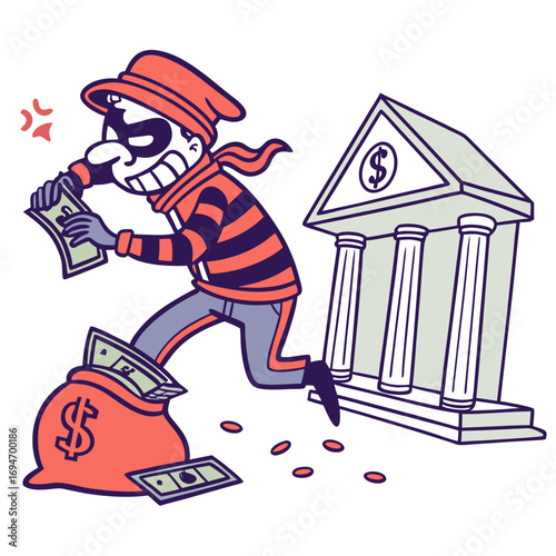 Cartoon thief wearing a mask and striped shirt running away from bank with money bag and cash