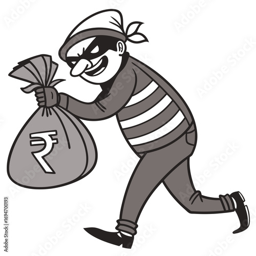 Cartoon thief wearing a mask and striped shirt running with a bag of indian rupees money