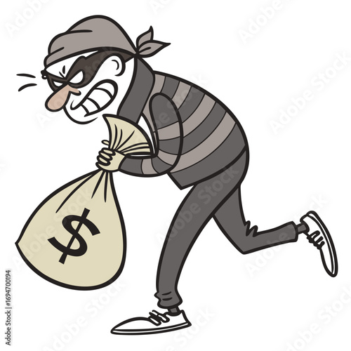Cartoon thief wearing a mask and striped shirt running with a bag full of money