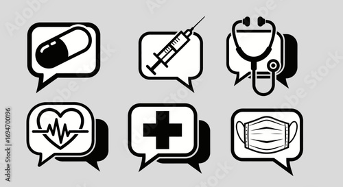 Set of icons representing medical services and health care, including a pill, syringe, stethoscope, heart monitor, cross, and mask