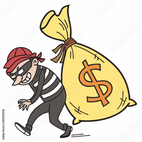 Cartoon thief wearing a mask and striped shirt stealing a large yellow money bag with a dollar sign