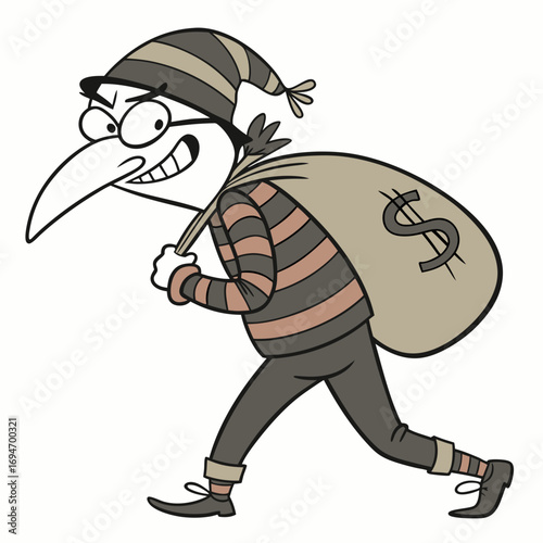 Cartoon thief wearing a striped hat and outfit carrying a large sack of money with a dollar sign