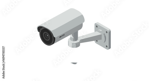 Modern isometric surveillance camera with wall mount on white background