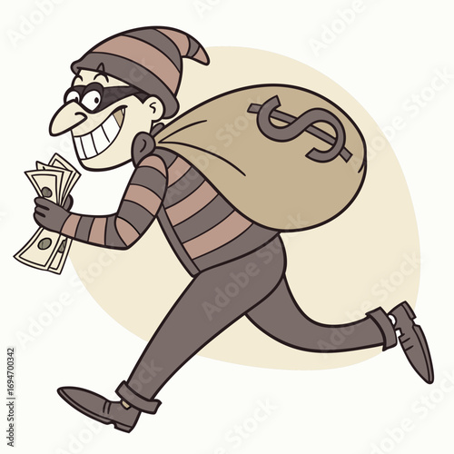 Cartoon thief wearing a striped outfit and mask running with a bag of money and cash