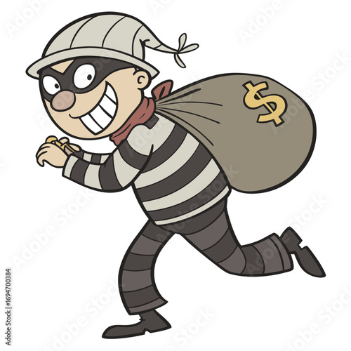 Cartoon thief wearing a striped outfit and mask running with a bag of money over his shoulder