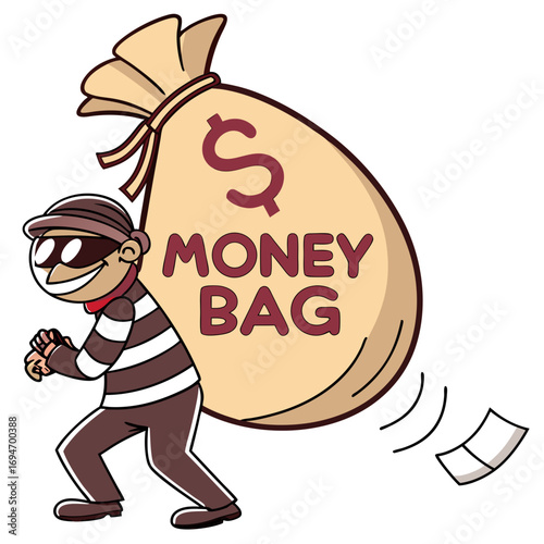 Cartoon thief wearing a mask and striped shirt stealthily carrying a large money bag with a dollar sign and falling cash