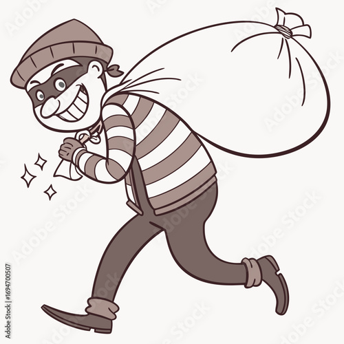 Cartoon thief wearing a striped shirt and mask running with a large sack of stolen goods