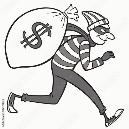 Cartoon thief wearing a striped shirt and mask running with a large bag of money on his shoulder