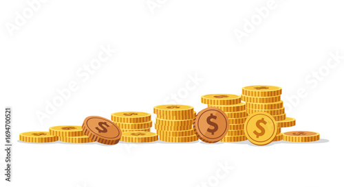 Gold coins stacked in a gradient arrangement on white background