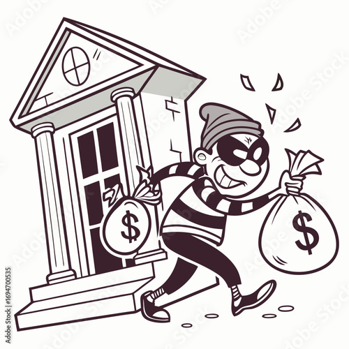 Cartoon thief with a mask and striped shirt running away from bank with bags of money