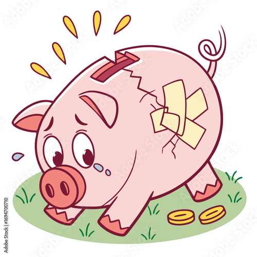 Sad and broken piggy bank with bandages and coins on grass representing financial trouble