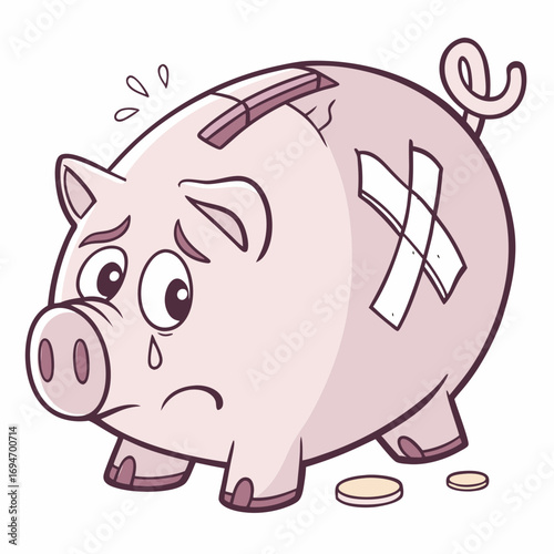 Sad and broken piggy bank with bandages and few coins on the floor symbolizing financial problems