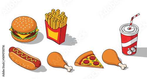 Isometric fast food meal collection vector illustration isolated white Burger Fries Hotdog Pizza Chicken Soda Unhealthy