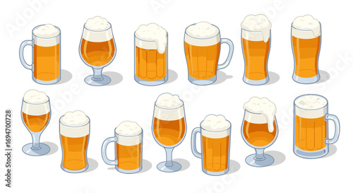 Assorted beer glasses with frothy tops in isometric style on white background