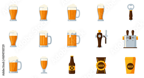 Beer glasses and bar equipment icons for beverage, craft, and brewery themes