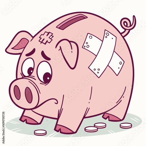 Sad and injured cartoon piggy bank with bandages and few coins symbolizing financial hardship and money problems