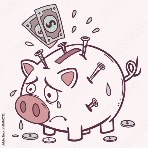 Sad and distressed piggy bank with nails and coins symbolizing financial hardship and money problems