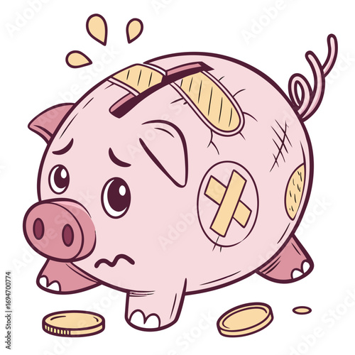 Sad and injured piggy bank covered in bandages with a few coins scattered around it