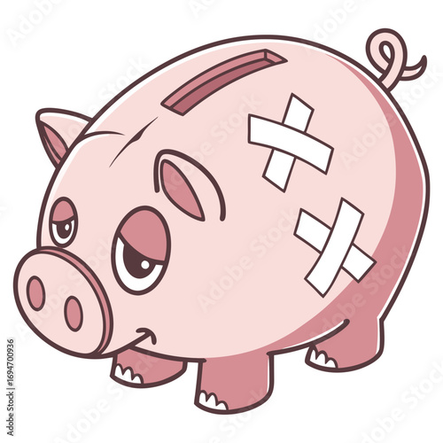 Sad and injured pink piggy bank with bandages and a worried expression symbolizing financial trouble