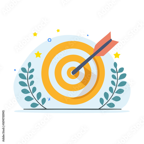 Arrow in the bullseye of a target with laurel wreath symbolizing success, achievement, and business goals.