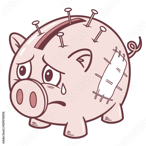 Sad and injured piggy bank with nails and bandages symbolizing financial hardship and economic crisis