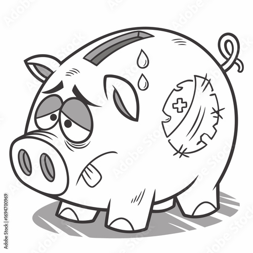 Sad and worn out piggy bank with a patched up side and sweat drops showing financial distress