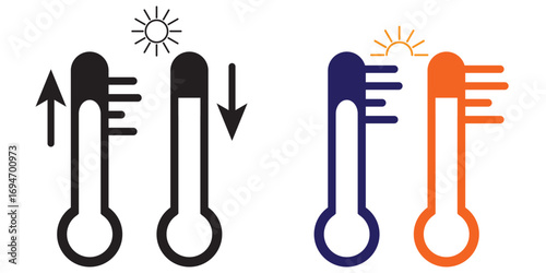 Thermometer temperature up and down icon. Temperature thermometer icon set. Temperature thermometer scale illustration. 