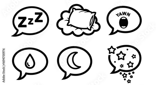A versatile collection of sleep and fatigue-themed icons presented in speech bubbles, symbolizing snoring, dreaming, and yawning