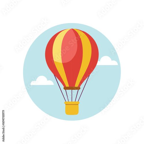 Red and yellow striped hot air balloon floats gently among white clouds in a light blue sky